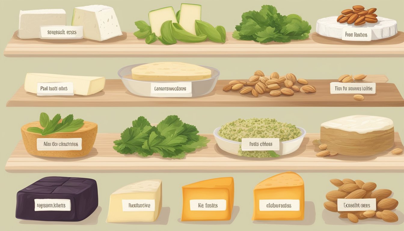 A table with various non-dairy and vegan options for brie cheese substitutes, including plant-based versions and nut-based alternatives