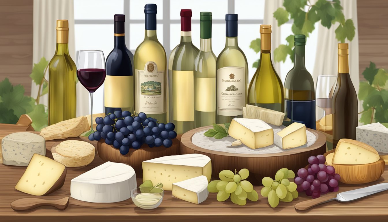 A table with a variety of brie cheese substitutes, surrounded by different types of wine bottles and glasses