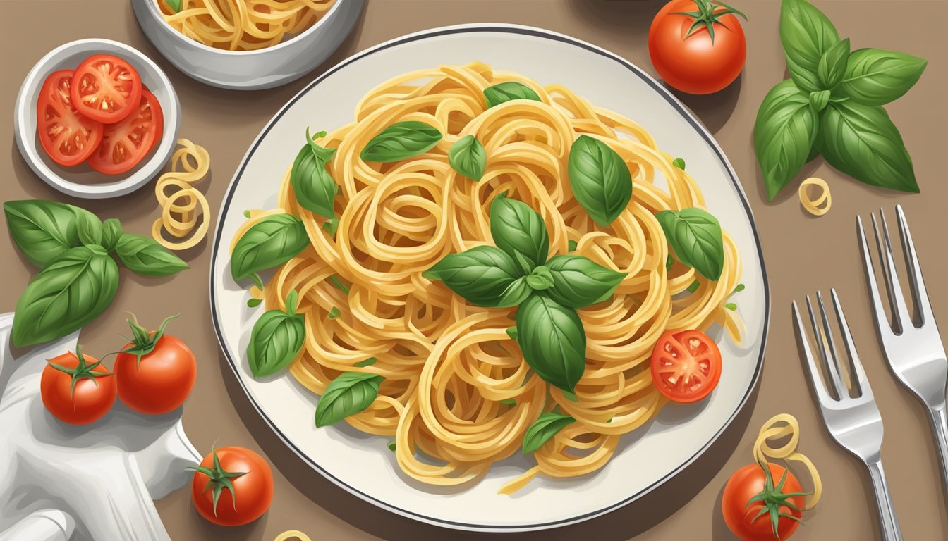 A plate of bucatini pasta twirls around a fork, surrounded by fresh basil and tomatoes