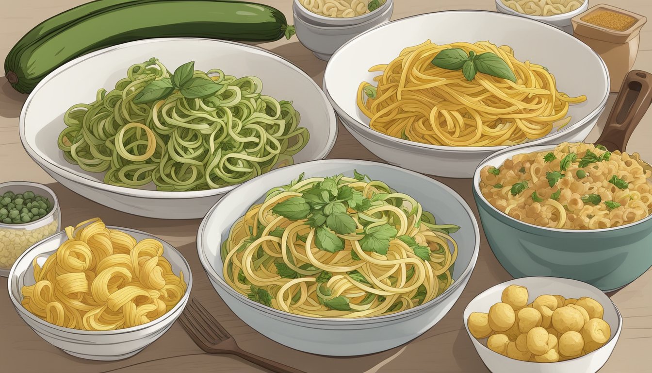 A table set with various pasta substitutes next to a bowl of bucatini, including zucchini noodles, spaghetti squash, and chickpea pasta