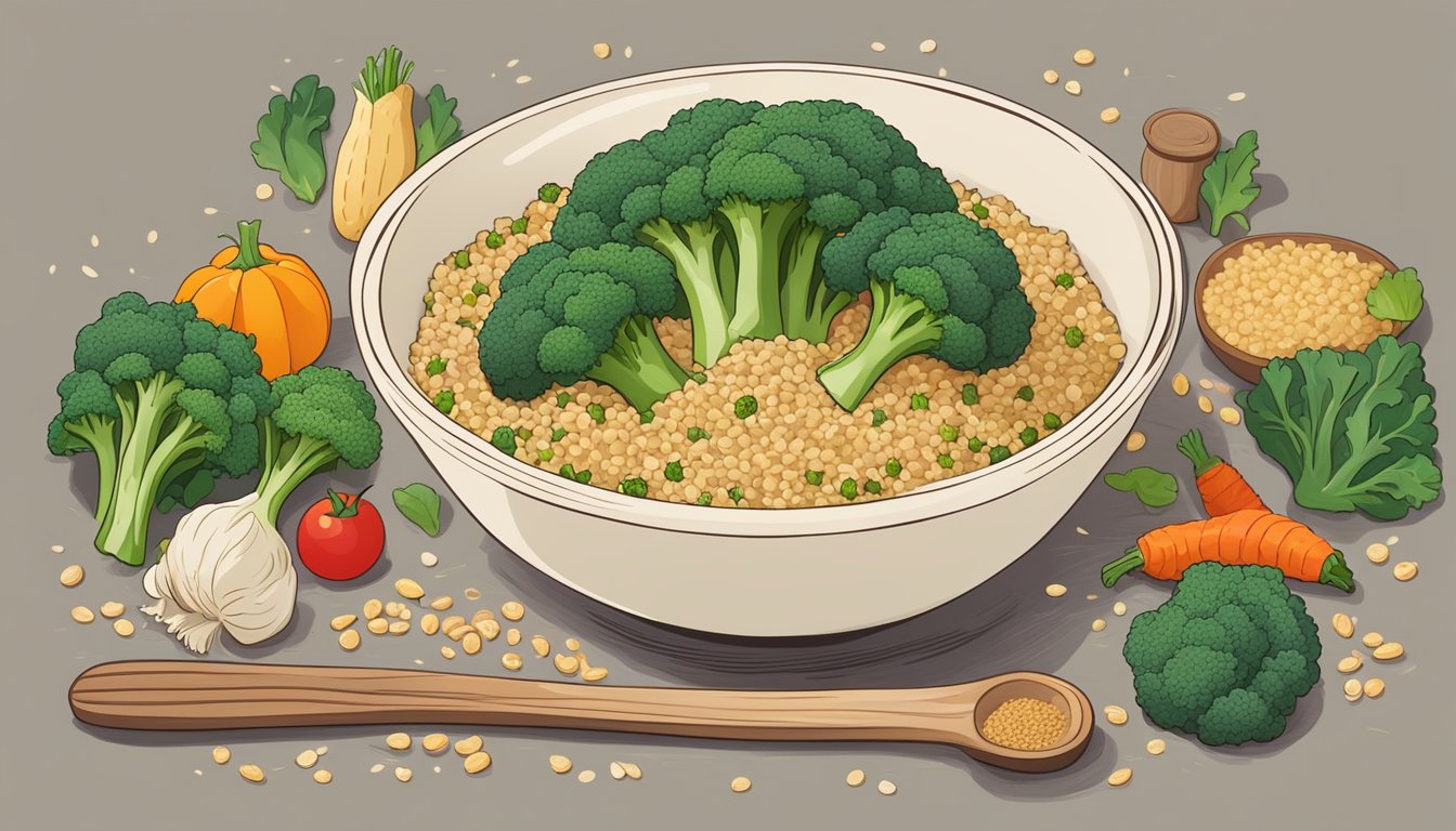 A bowl of broccoli rice surrounded by various alternative grains and vegetables