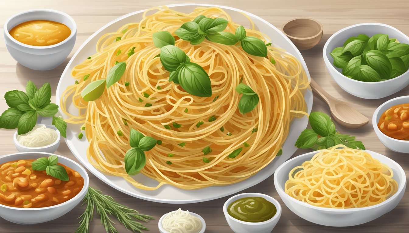 A table set with various sauces and bucatini pasta substitutes, such as spaghetti and linguine, alongside fresh herbs and grated cheese