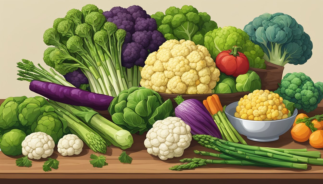 A table set with colorful vegetables, including cauliflower, asparagus, and Brussels sprouts, arranged in an appealing display