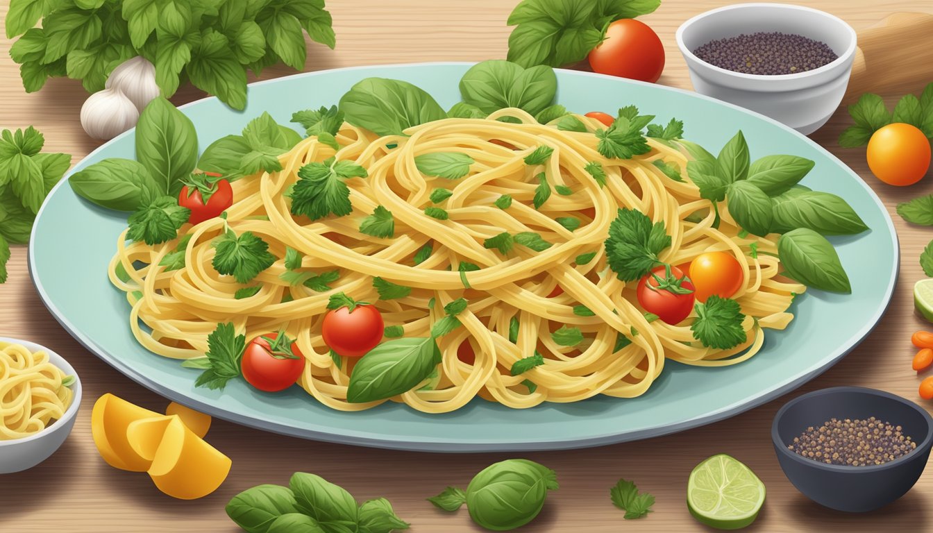 A plate of bucatini pasta with gluten-free and vegetable-based substitutes, surrounded by fresh herbs and colorful ingredients