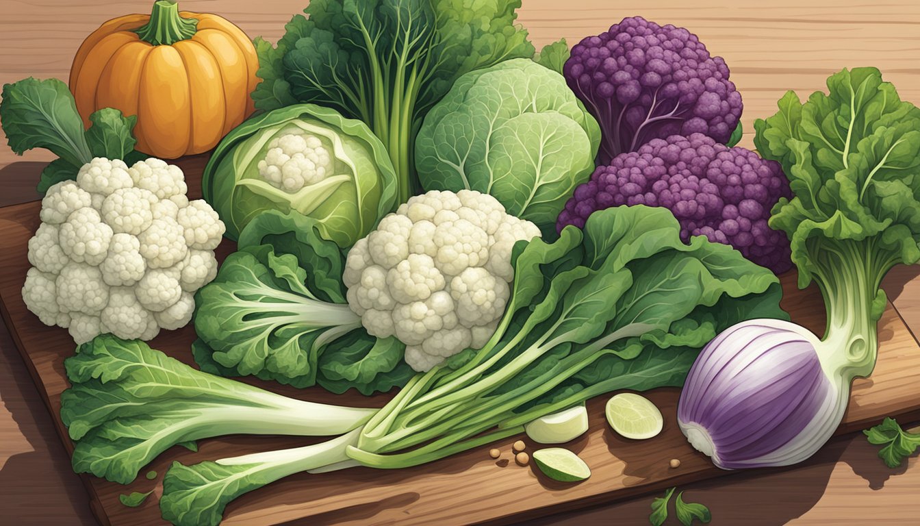 A variety of lesser-known vegetables arranged on a wooden cutting board, including cauliflower, kale, kohlrabi, and bok choy