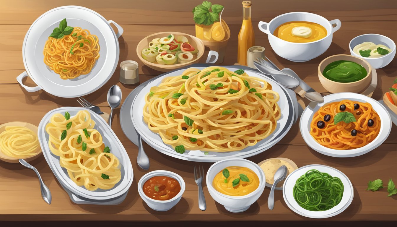 A table set with a variety of dishes, including bucatini pasta paired with different sauces and accompaniments