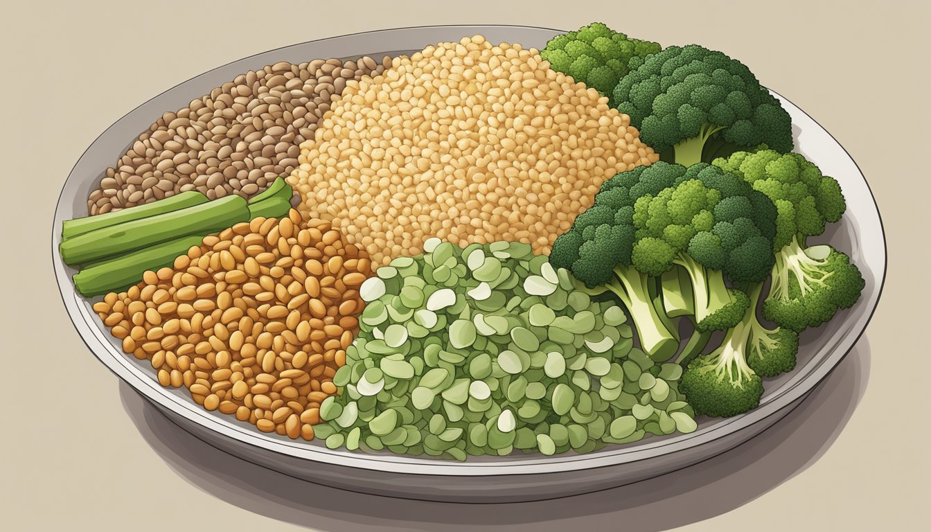 A colorful array of whole grain and legume-based options arranged around a central dish of broccoli rice substitutes