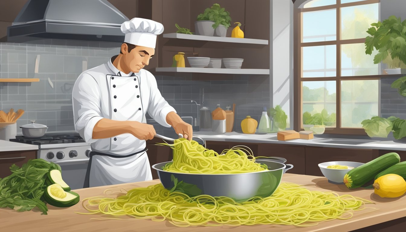 A chef in a professional kitchen uses zucchini noodles and spaghetti squash as bucatini pasta substitutes in a variety of culinary dishes