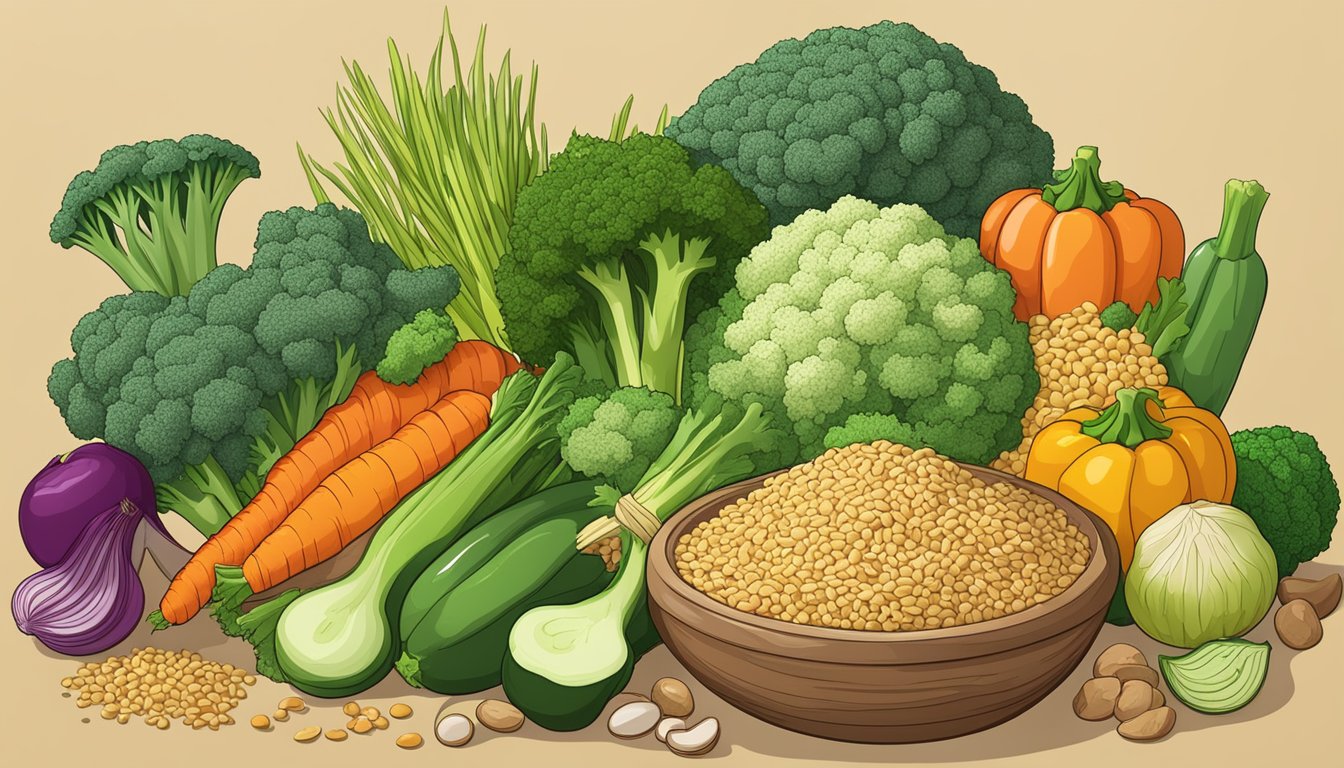 A variety of vegetables and grains arranged in a colorful display, with broccoli rice as the focal point