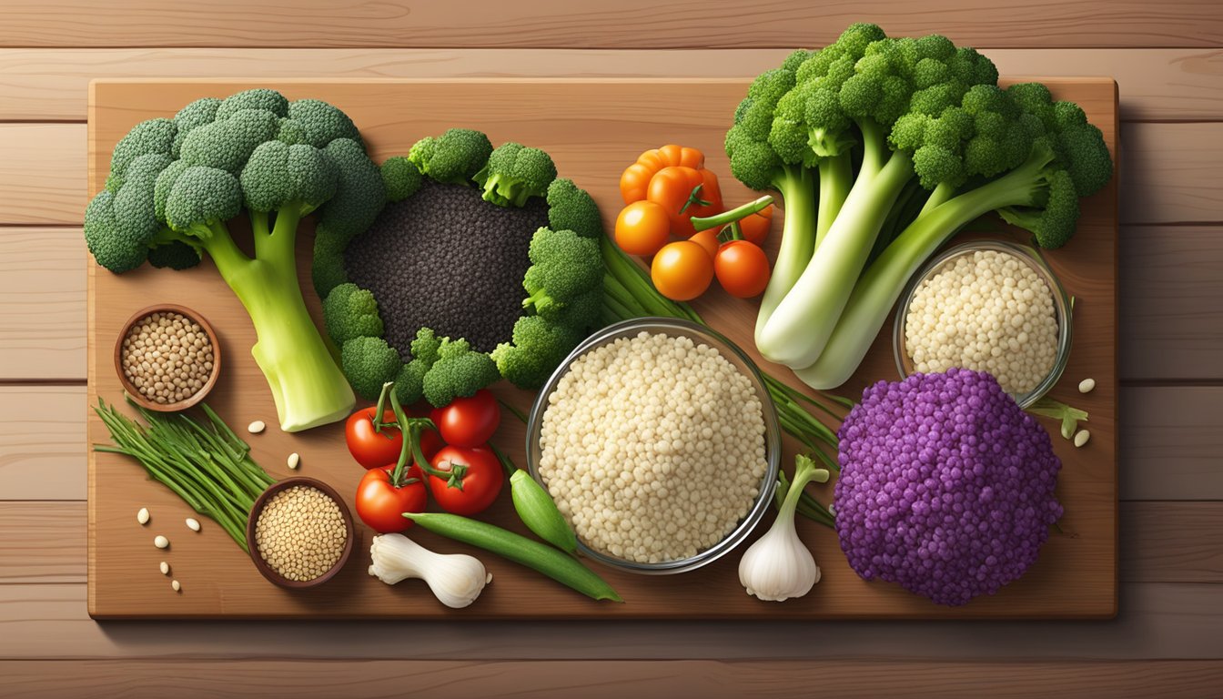 A colorful array of fresh vegetables and grains, including broccoli, cauliflower, quinoa, and wild rice, arranged on a wooden cutting board