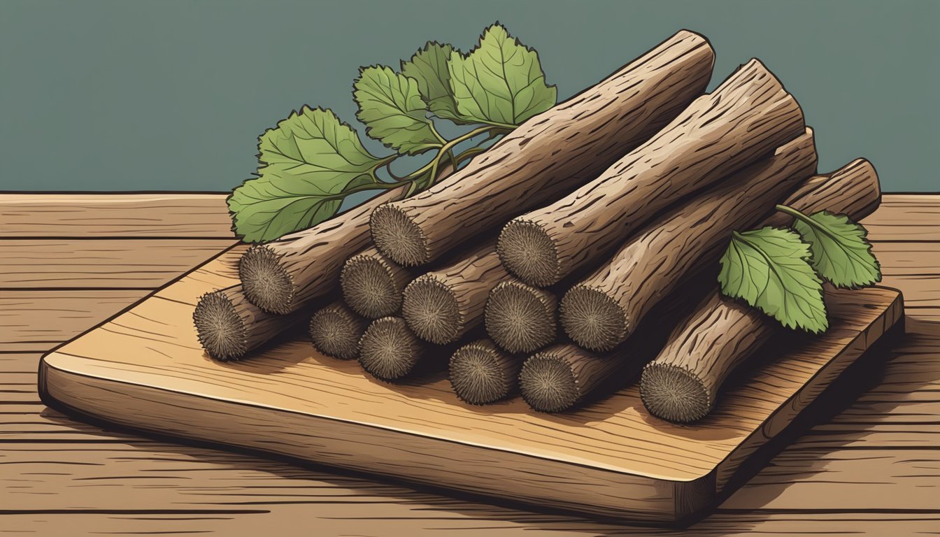 A bundle of fresh burdock roots with dirt still clinging to them, arranged on a wooden cutting board