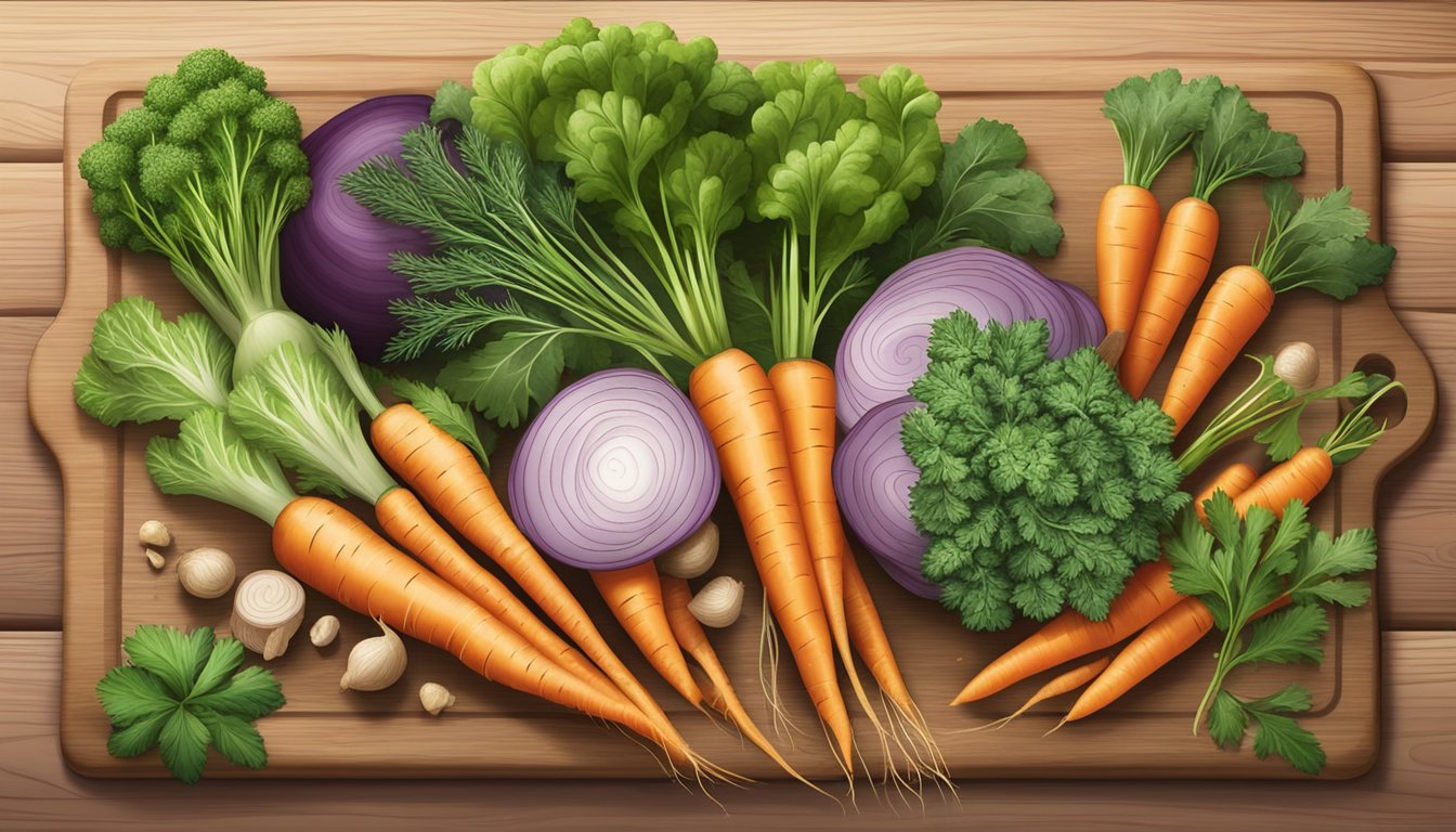 A variety of vegetables and herbs arranged on a wooden cutting board, including carrots, parsley, and ginger, with a prominent burdock root in the center