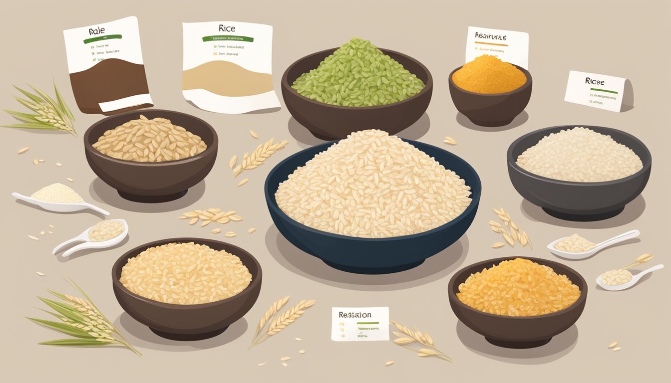 A table with bowls of brown rice and various substitutes, surrounded by measuring cups and nutritional labels