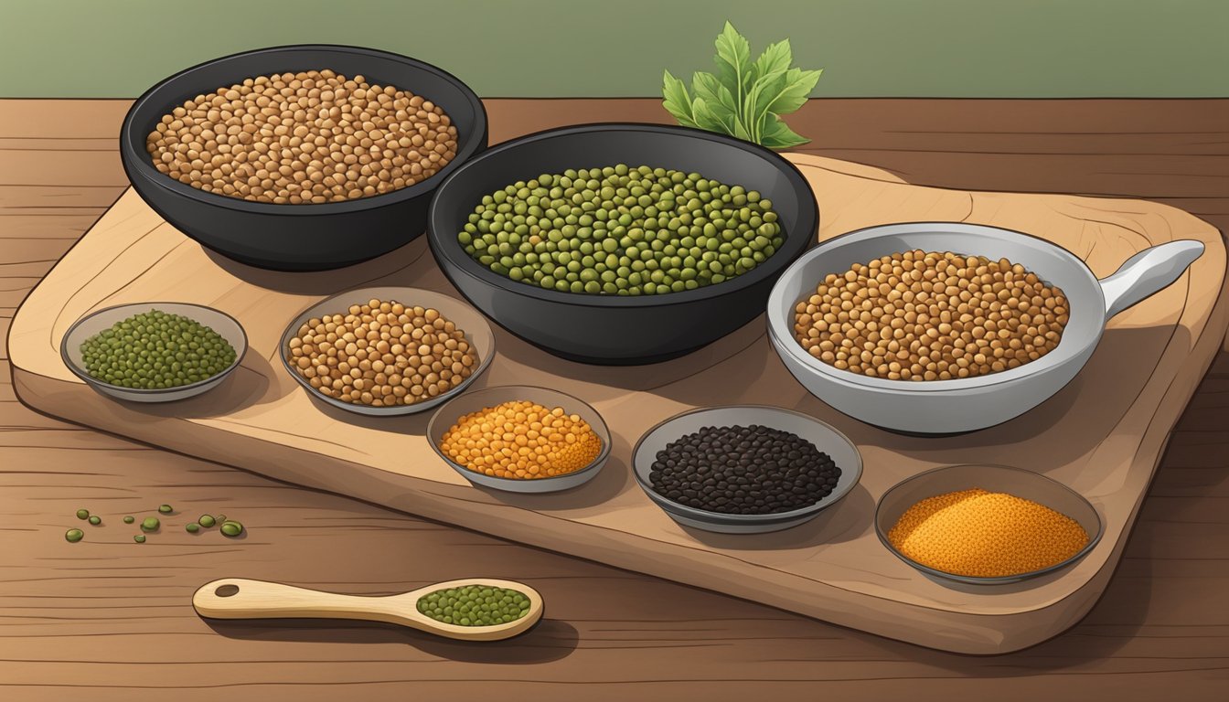 A variety of brown lentil substitutes displayed on a wooden cutting board, including green lentils, black lentils, and red lentils