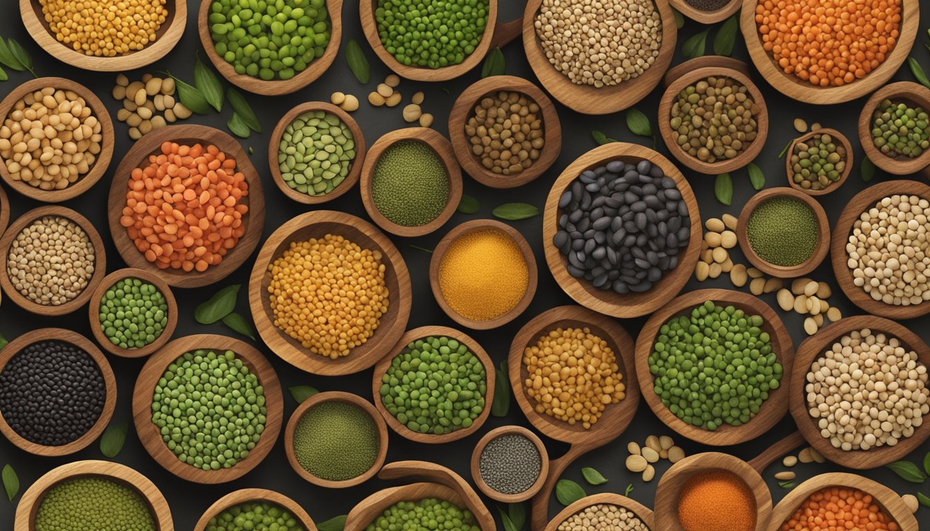 A variety of lentils (green, red, black) arranged in a rustic wooden bowl on a kitchen countertop