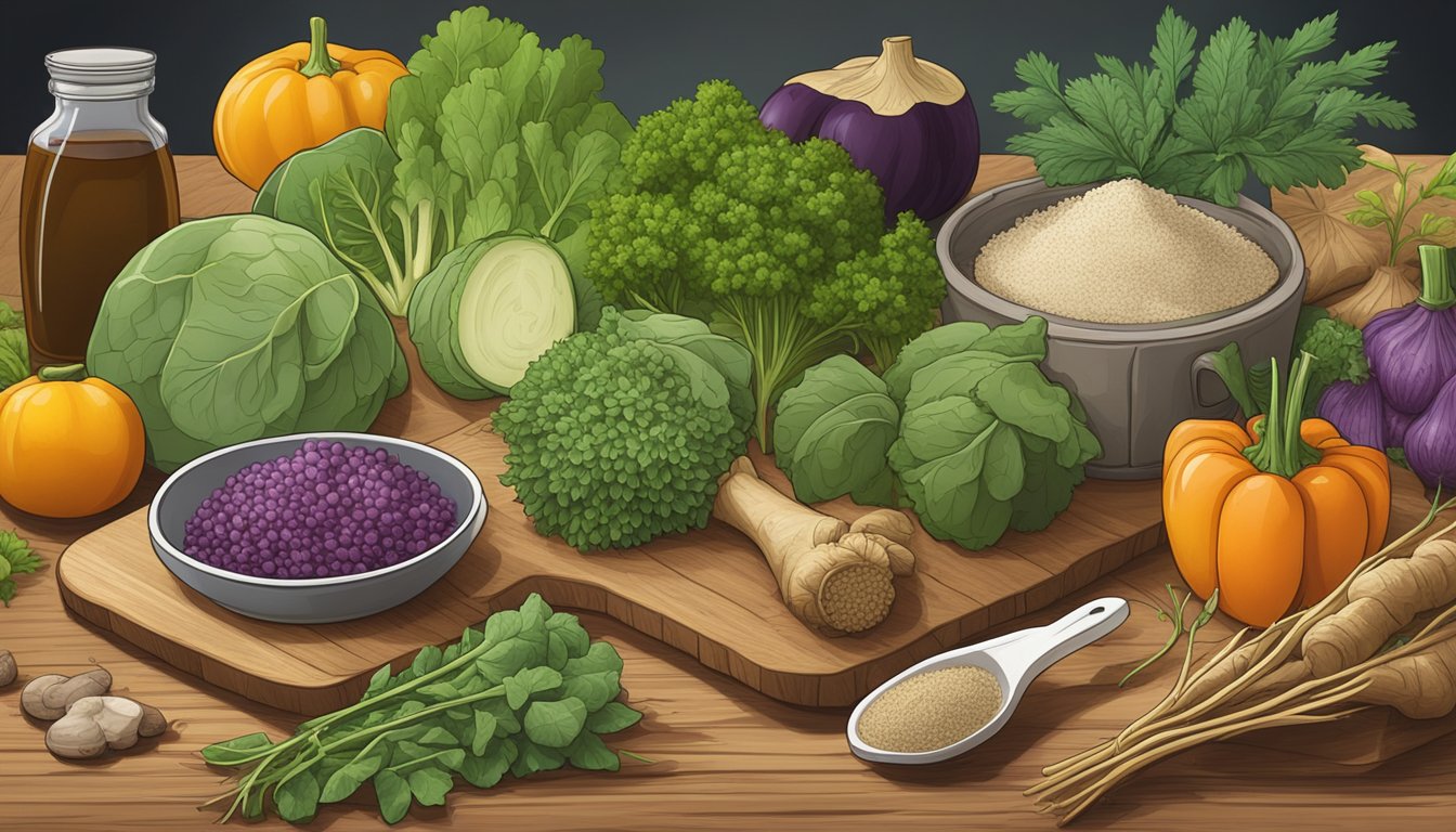 A selection of burdock root substitutes displayed on a wooden cutting board with various vegetables and herbs in the background