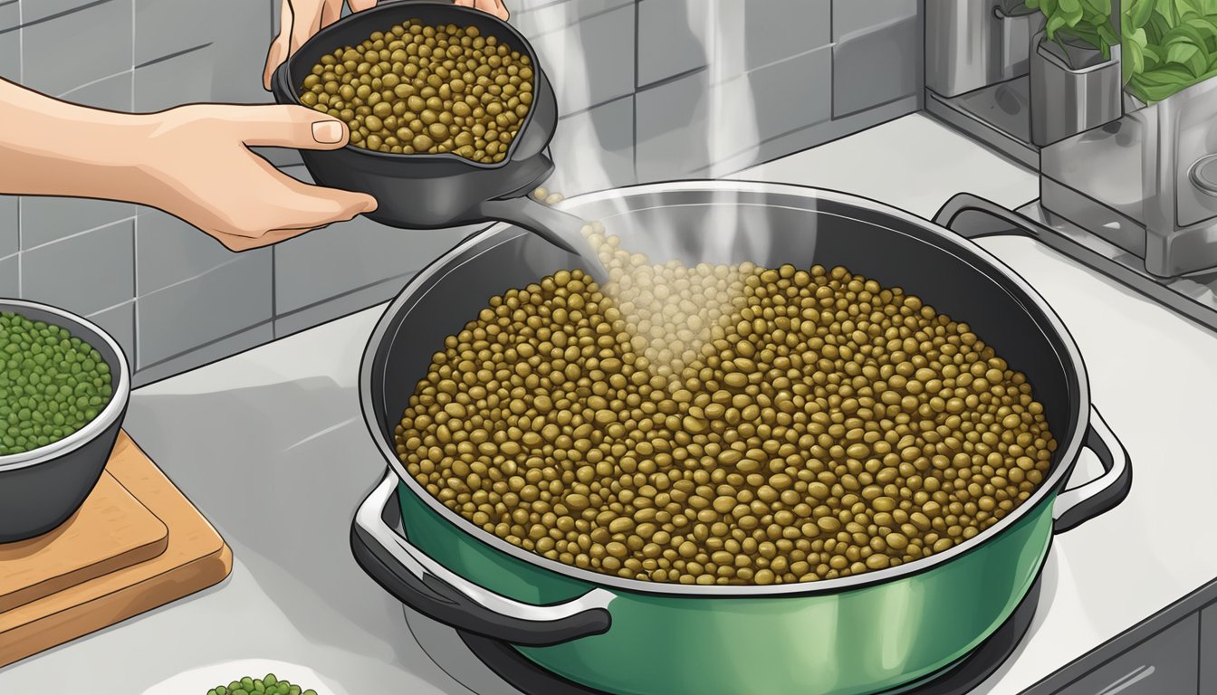 A pot of simmering brown lentils being replaced by green lentils in a recipe