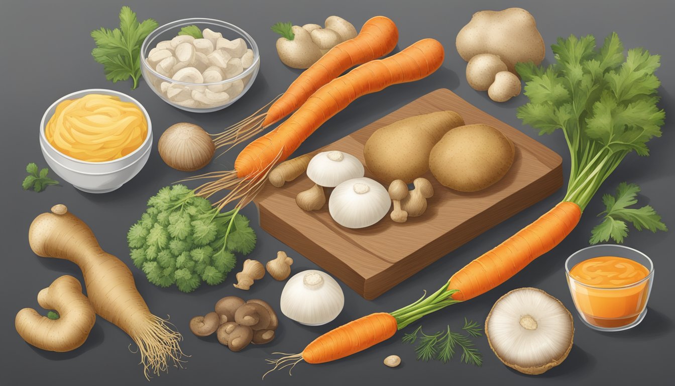 A variety of additional ingredients, such as ginger, carrots, and mushrooms, surround a burdock root, enhancing its flavor and versatility in cooking