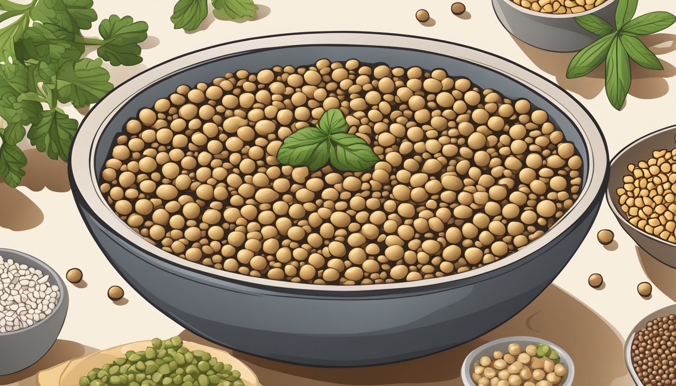 A bowl of cooked brown lentils surrounded by alternative non-legume protein sources such as quinoa, tofu, and chickpeas