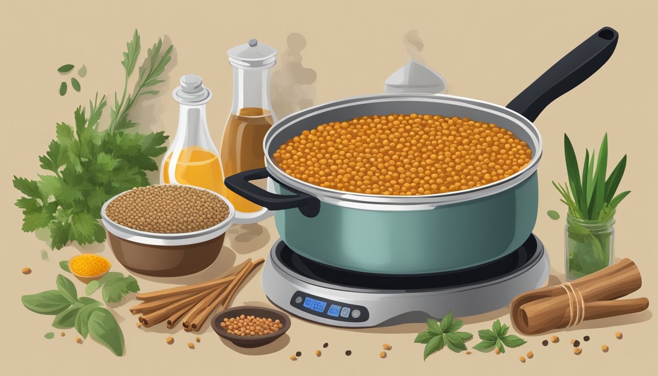 A pot of brown lentils simmering on a stovetop, surrounded by various spices and herbs on a kitchen counter