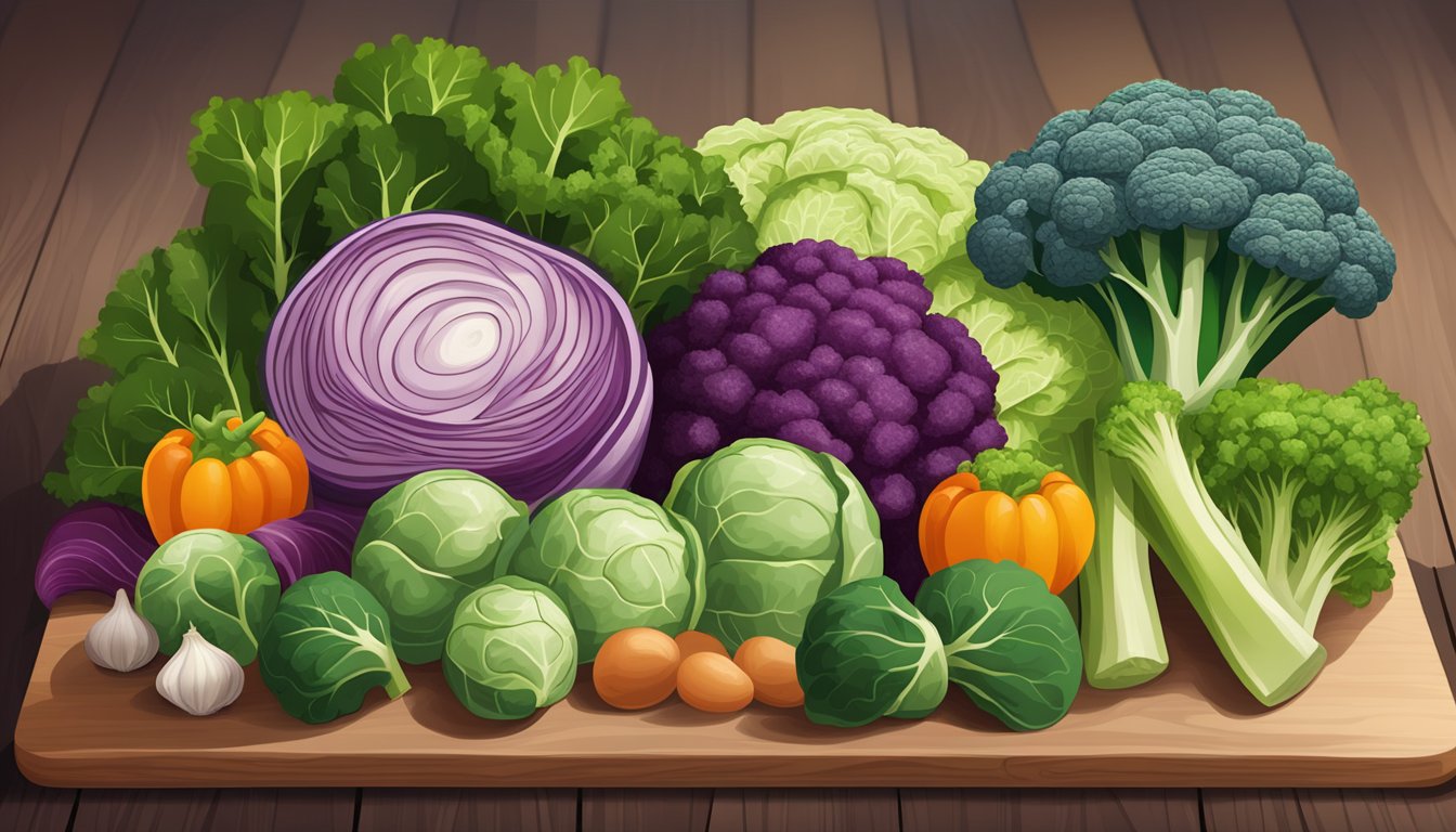 A variety of vegetables arranged on a wooden cutting board, including broccoli, kale, and cabbage, with a pile of Brussels sprouts in the center