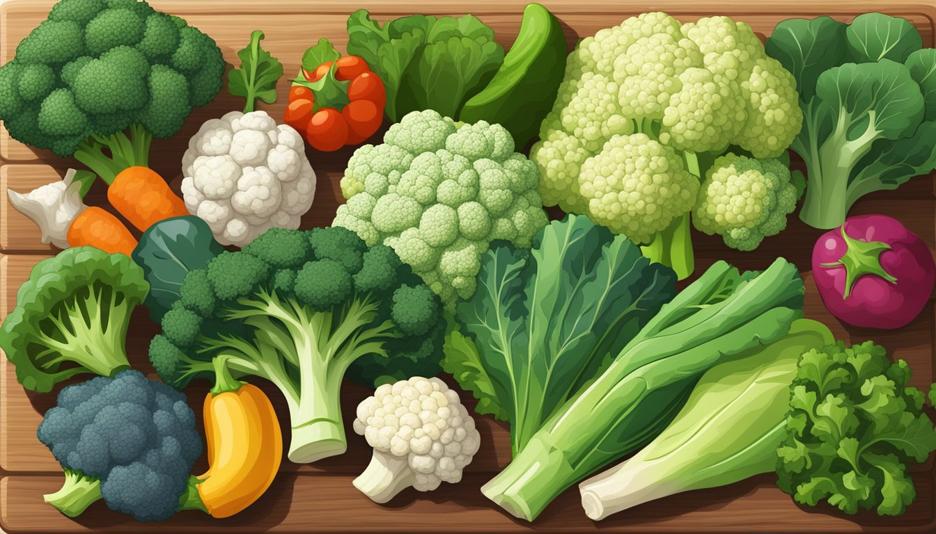 A colorful array of fresh vegetables, including broccoli, kale, and cauliflower, displayed on a wooden cutting board