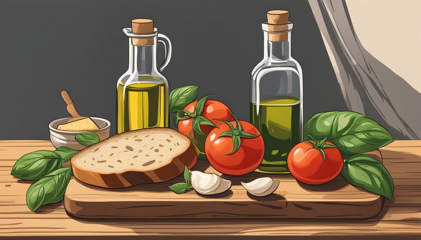 Fresh tomatoes, basil, and garlic being chopped on a wooden cutting board, with a loaf of crusty bread and a bottle of olive oil nearby