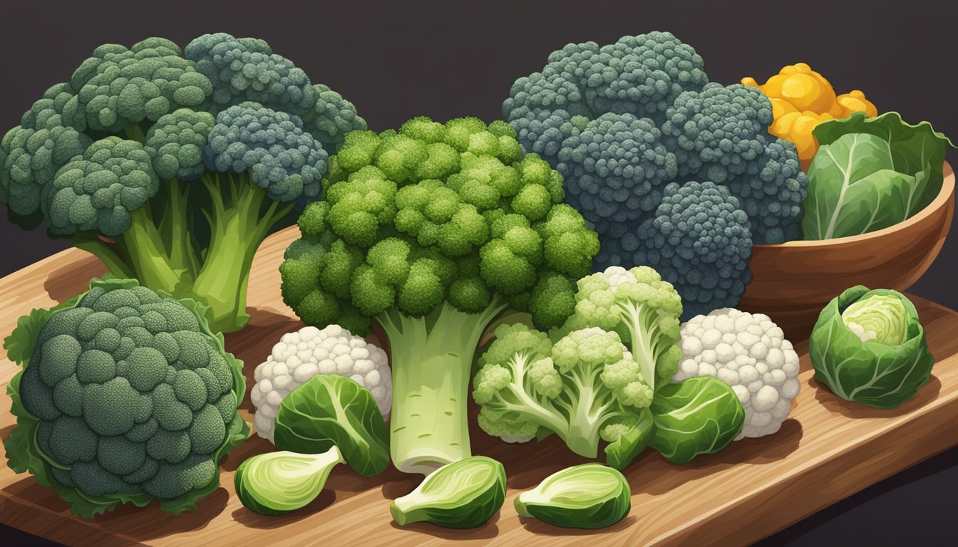 A variety of vegetables arranged on a wooden cutting board, including broccoli, cauliflower, kale, and cabbage, with a bowl of brussels sprouts in the background