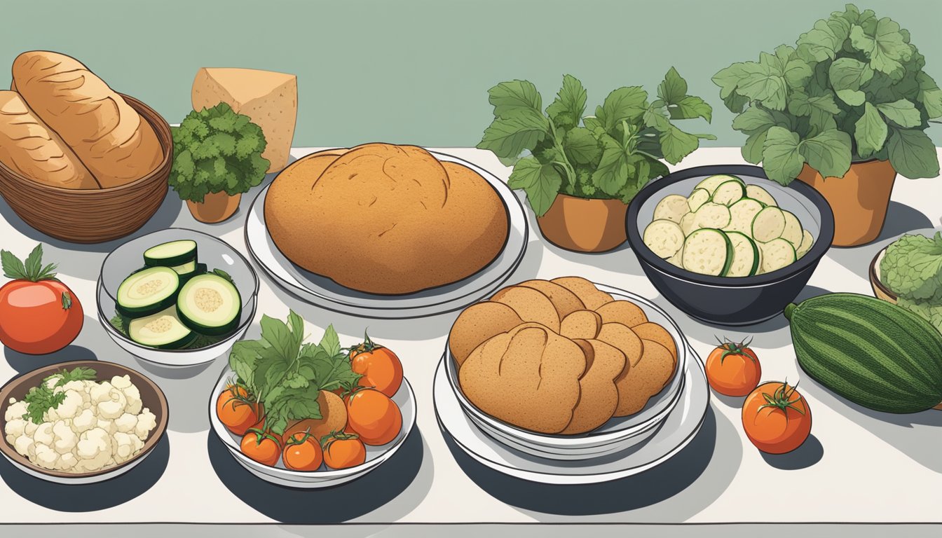 A table set with various bread alternatives, such as slices of sweet potato, zucchini, and cauliflower, alongside a bowl of fresh tomatoes and herbs