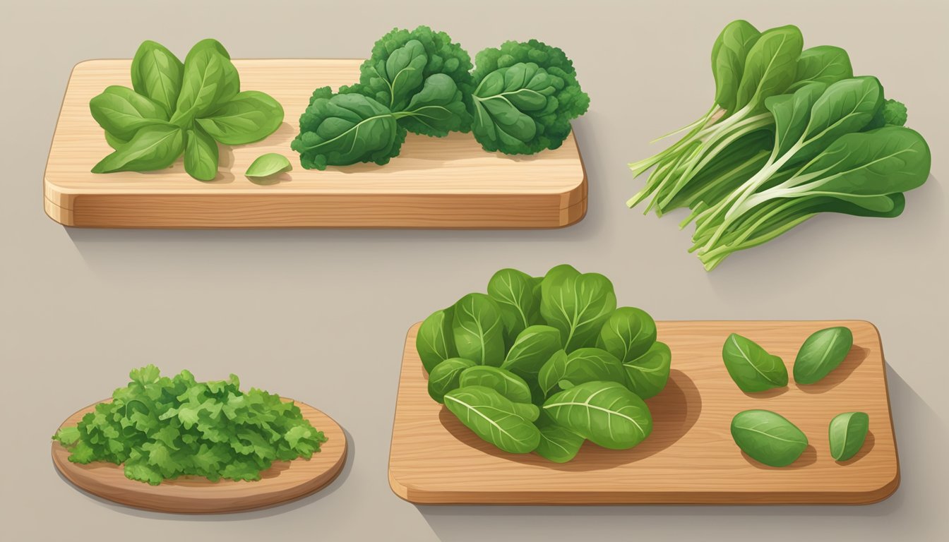 A variety of non-lettuce substitutes, such as spinach, kale, and arugula, arranged on a wooden cutting board