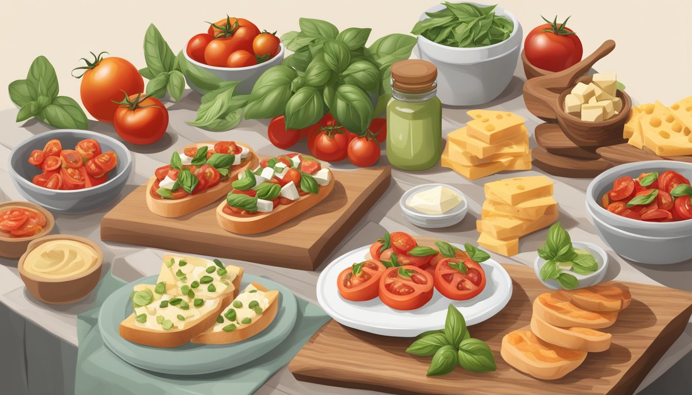 A table adorned with various bruschetta toppings and their substitutes. Tomatoes, basil, cheese, and other ingredients displayed in an organized manner