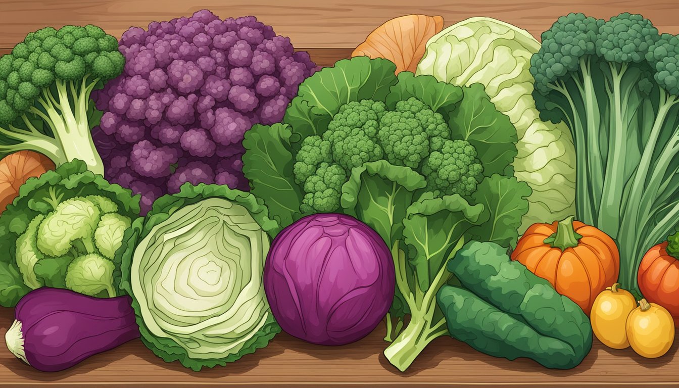 A colorful array of vegetables, including broccoli, kale, and cabbage, arranged on a cutting board