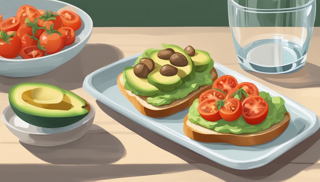 A table set with various bruschetta substitutes: avocado, tomato, and mushroom on toasted bread. Glass of water on the side