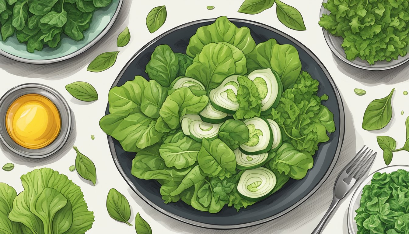 A bowl of salad with vibrant green butter lettuce leaves, surrounded by various substitute ingredients like spinach, kale, and arugula