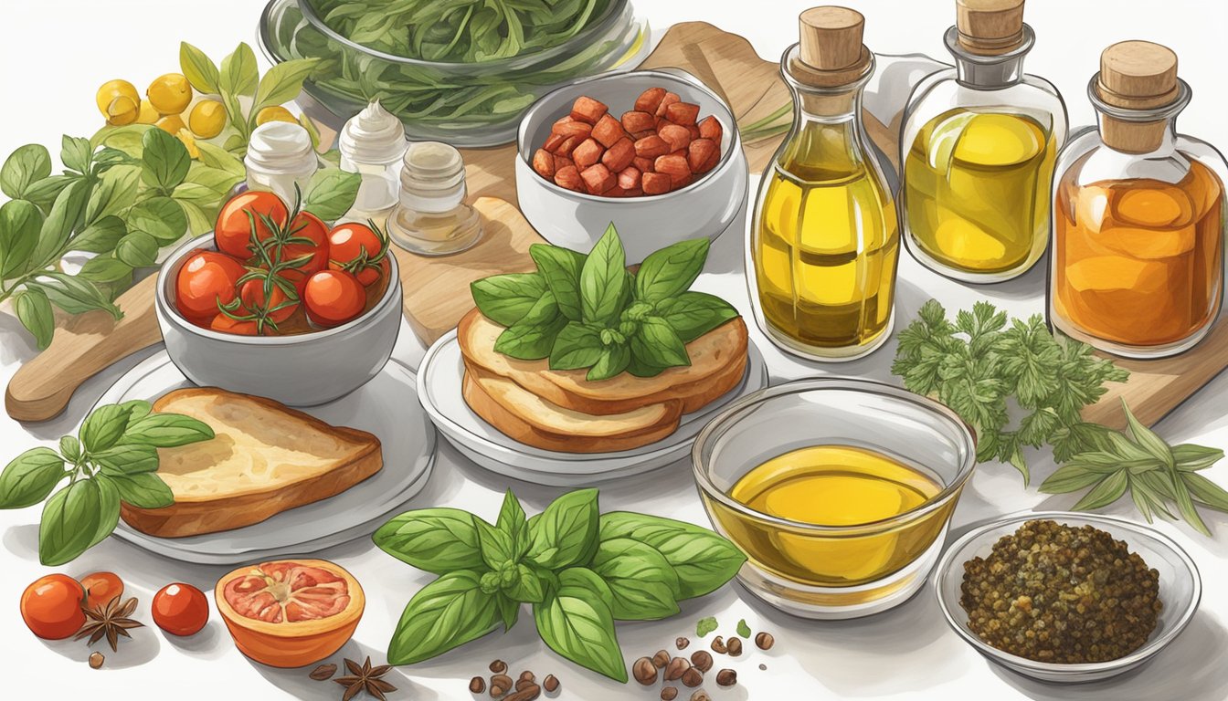 A variety of herbs, spices, and oils surround a plate of bruschetta substitutes, adding flavor and color to the dish