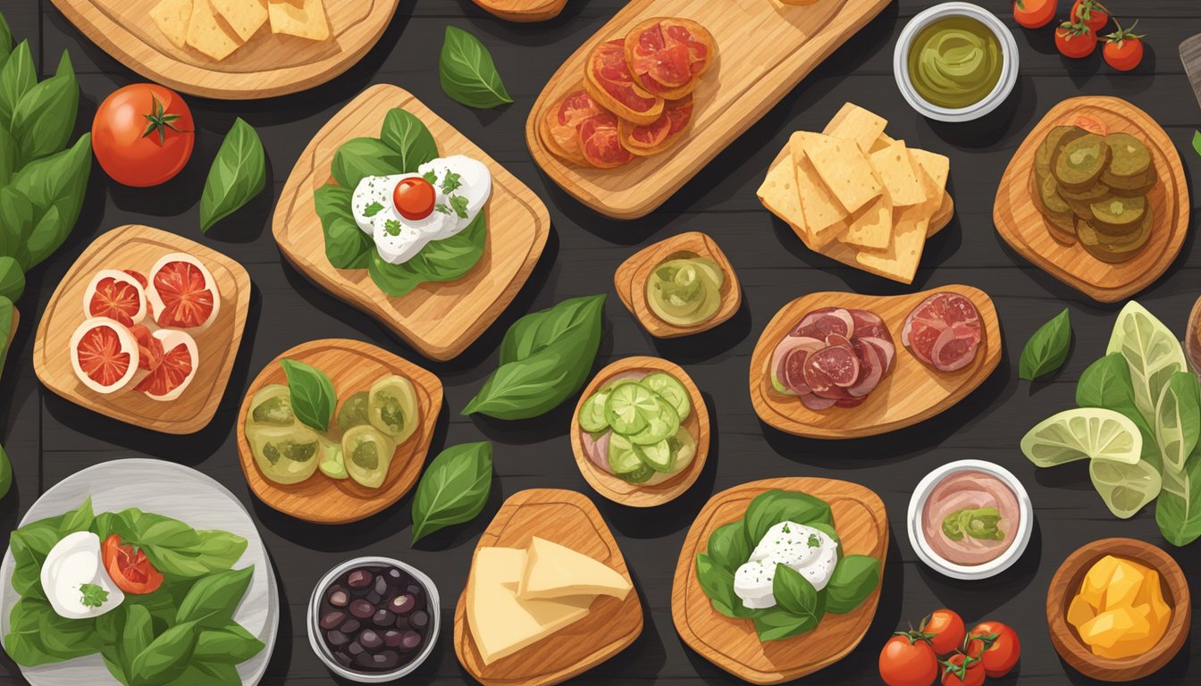 A rustic wooden cutting board with a variety of bruschetta substitutes arranged in an artful and appetizing display