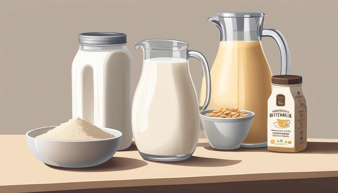 A pitcher of non-dairy buttermilk alternative sits next to a bowl of buttermilk powder and various substitute options like almond milk, soy milk, and oat milk