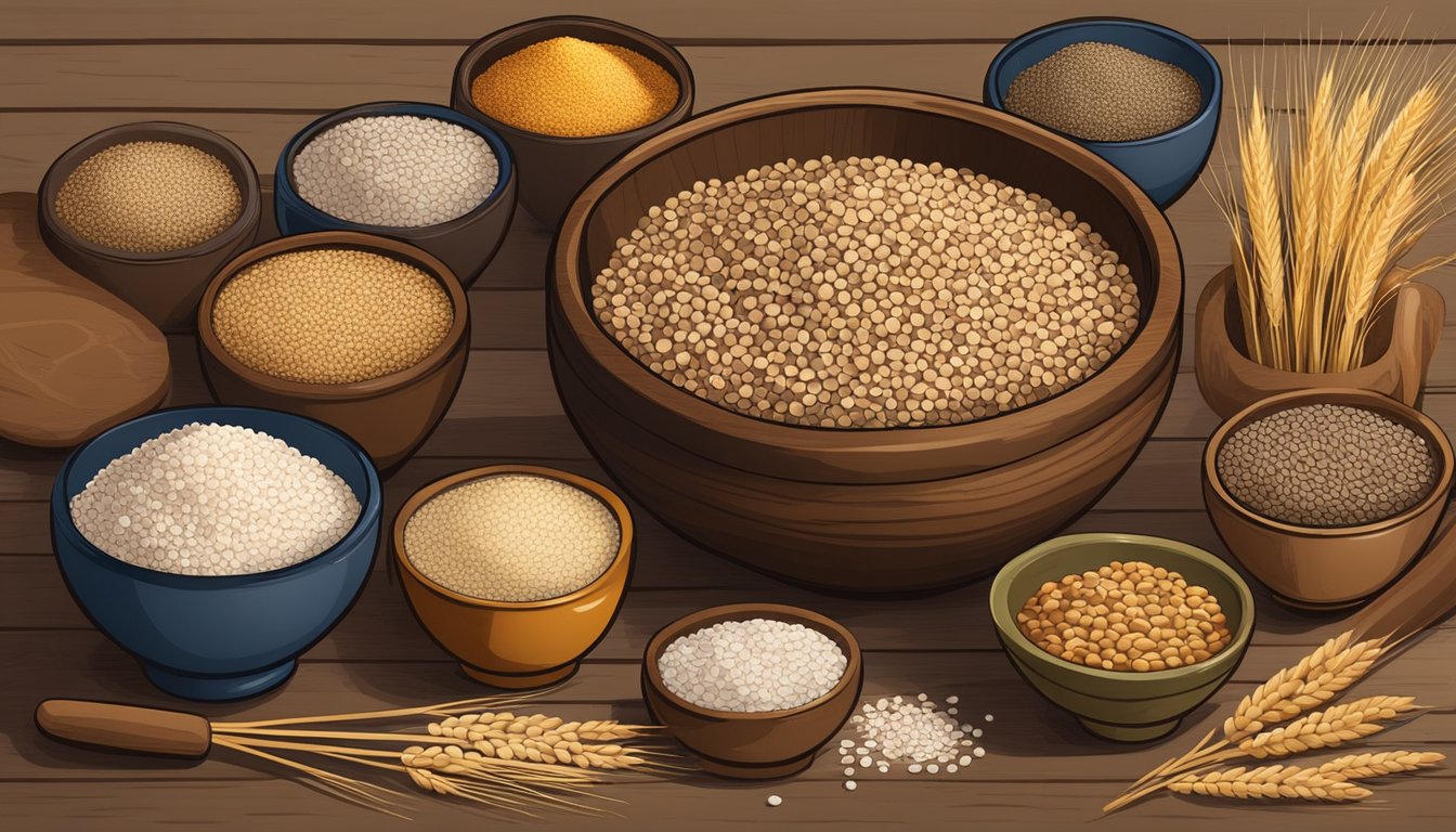 A wooden bowl filled with buckwheat groats surrounded by various alternative grains and flours on a rustic kitchen table