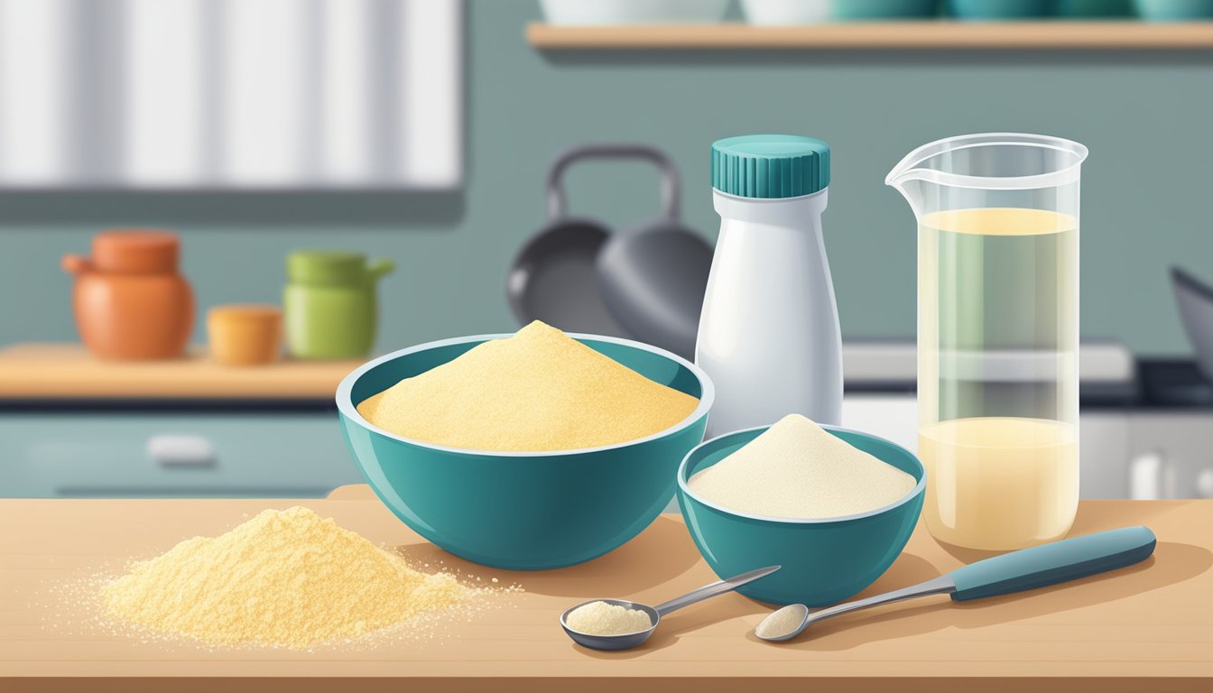 A bowl with buttermilk powder, a measuring spoon, and a liquid measuring cup on a kitchen counter