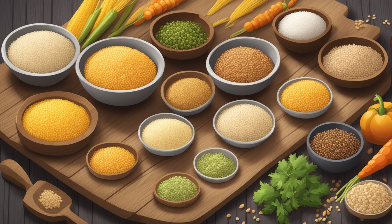 A variety of bulgur substitutes displayed on a wooden cutting board, including quinoa, couscous, and rice. A bowl of fresh vegetables sits nearby