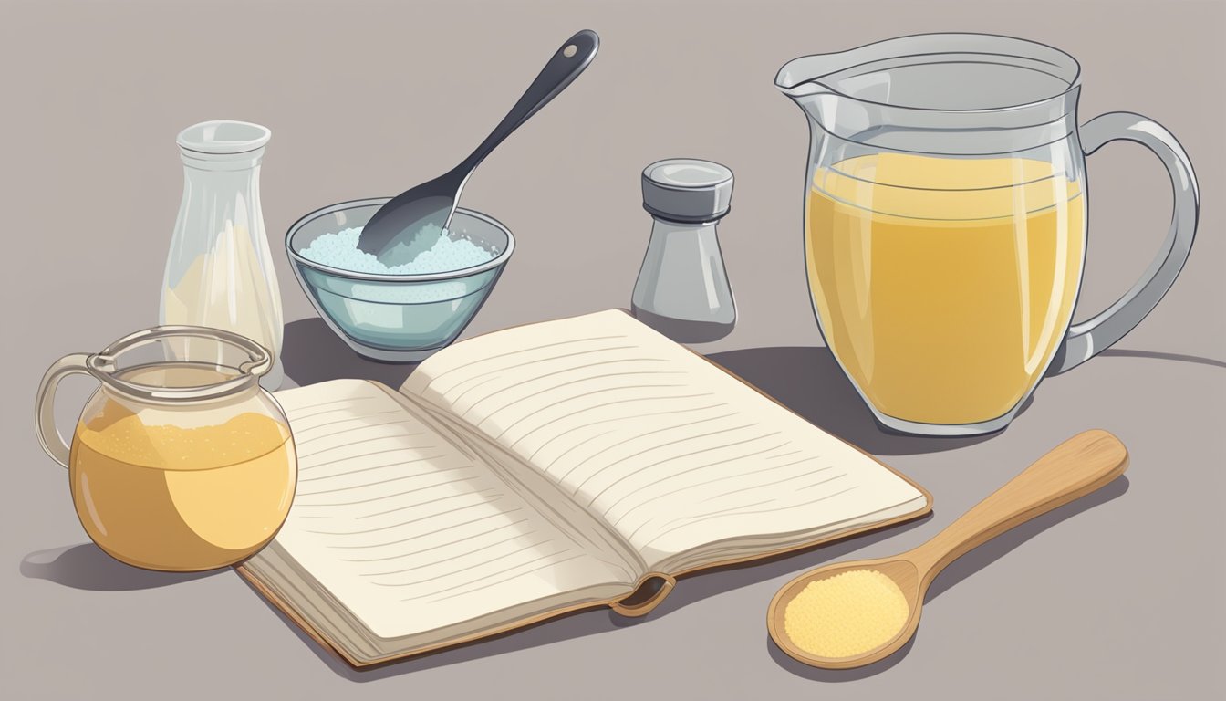 A bowl of buttermilk powder sits next to a pitcher of water, with a whisk and measuring spoon nearby. A recipe book is open to a page on buttermilk substitutes