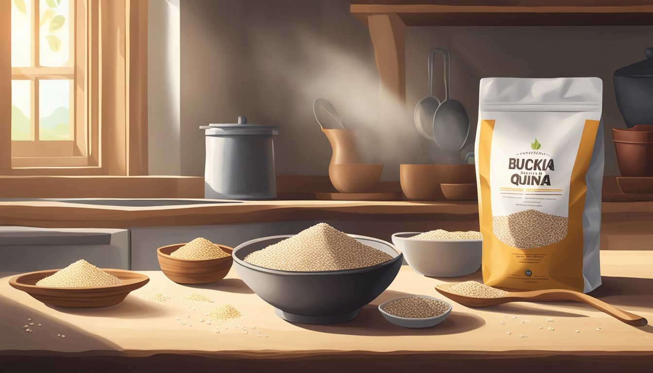 A rustic kitchen table with bowls of quinoa, amaranth, and oats next to a bag of buckwheat flour. Sunlight streams in through a window