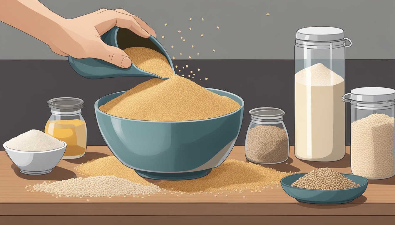 A person pouring buckwheat flour into a bowl, with various alternative flours and grains displayed nearby