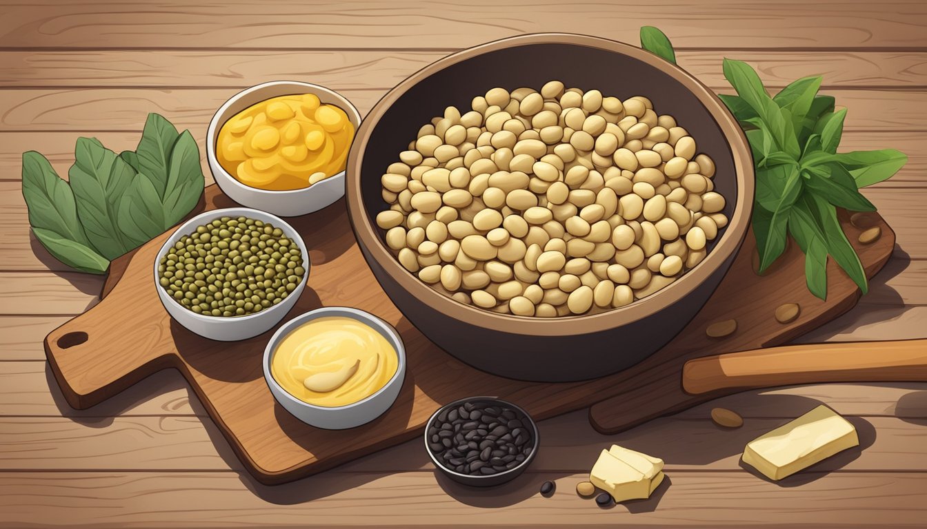 A bowl of butter beans surrounded by various alternative ingredients like lentils, chickpeas, and black beans on a wooden cutting board