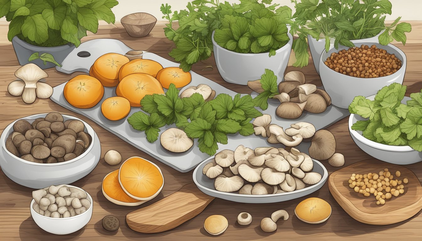 A variety of button mushroom substitutes arranged on a cutting board with fresh herbs and spices nearby