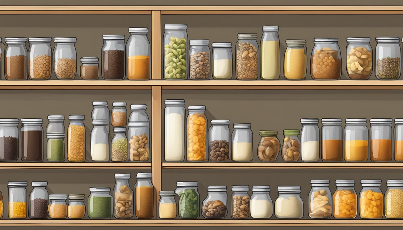 A pantry shelf with jars of various mushroom substitutes