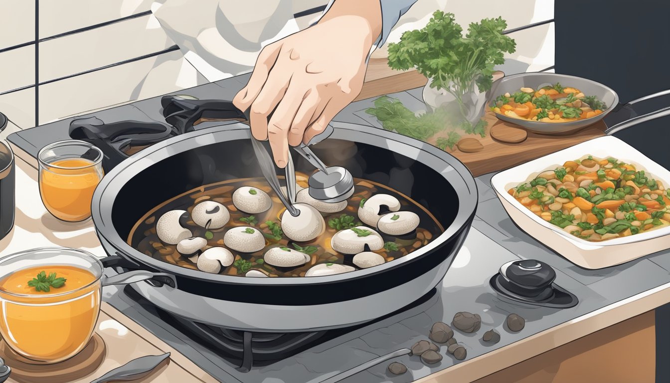 Button mushrooms being sliced and sautéed in a sizzling pan, emitting a savory aroma. A chef's hand reaches for a handful to add to a bubbling pot of soup