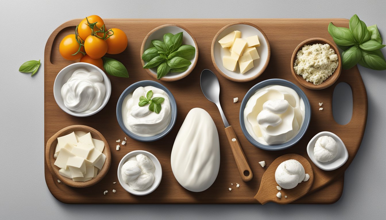 A wooden cutting board with assorted dairy-based burrata substitutes, such as mozzarella, ricotta, and stracciatella, arranged in a visually appealing display