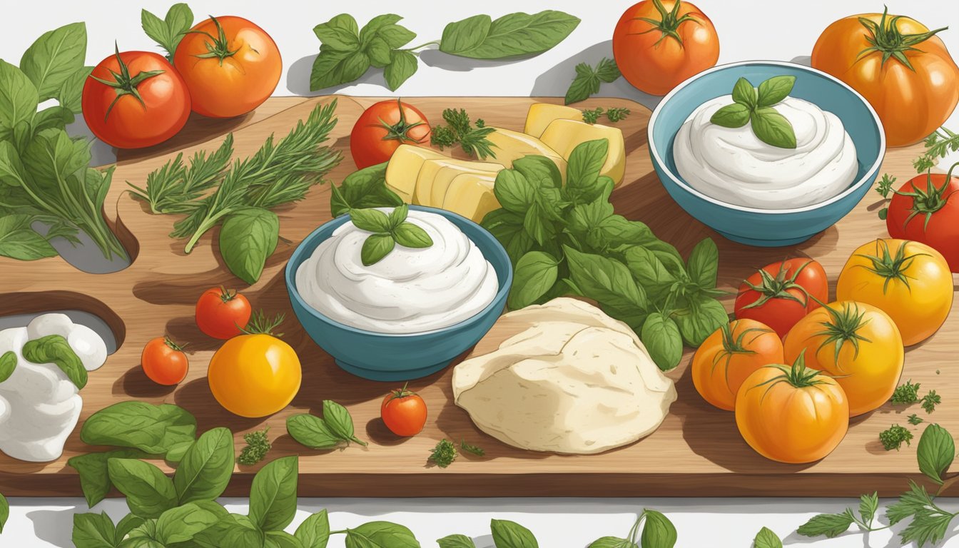 A spread of non-dairy and vegan burrata substitutes arranged on a wooden board with fresh herbs and colorful heirloom tomatoes