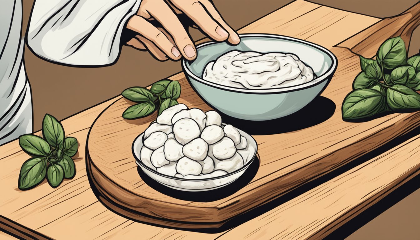 A hand reaching for a block of mozzarella and a bowl of ricotta on a wooden cutting board